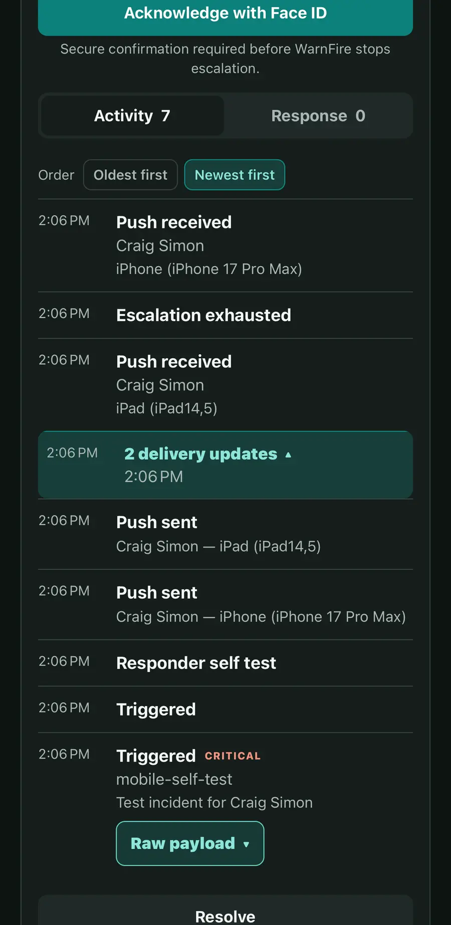 WarnFire mobile incident detail and acknowledgement screen