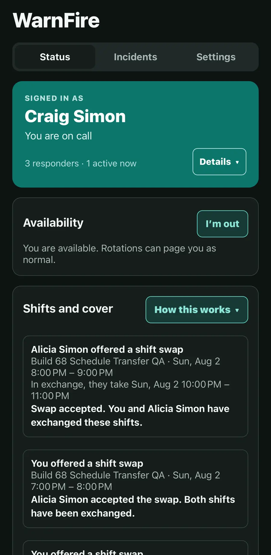 WarnFire mobile on-call status and upcoming coverage.